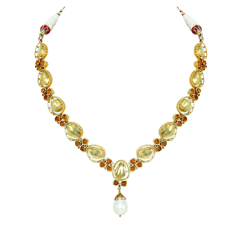 Teardrop Polki Necklace with Diamonds and Pearl Drop